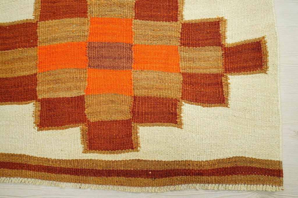 Orange & White Kilim Rug Runner: Flat Weave Turkish Wool Rugs, 3.3x10.4 ft