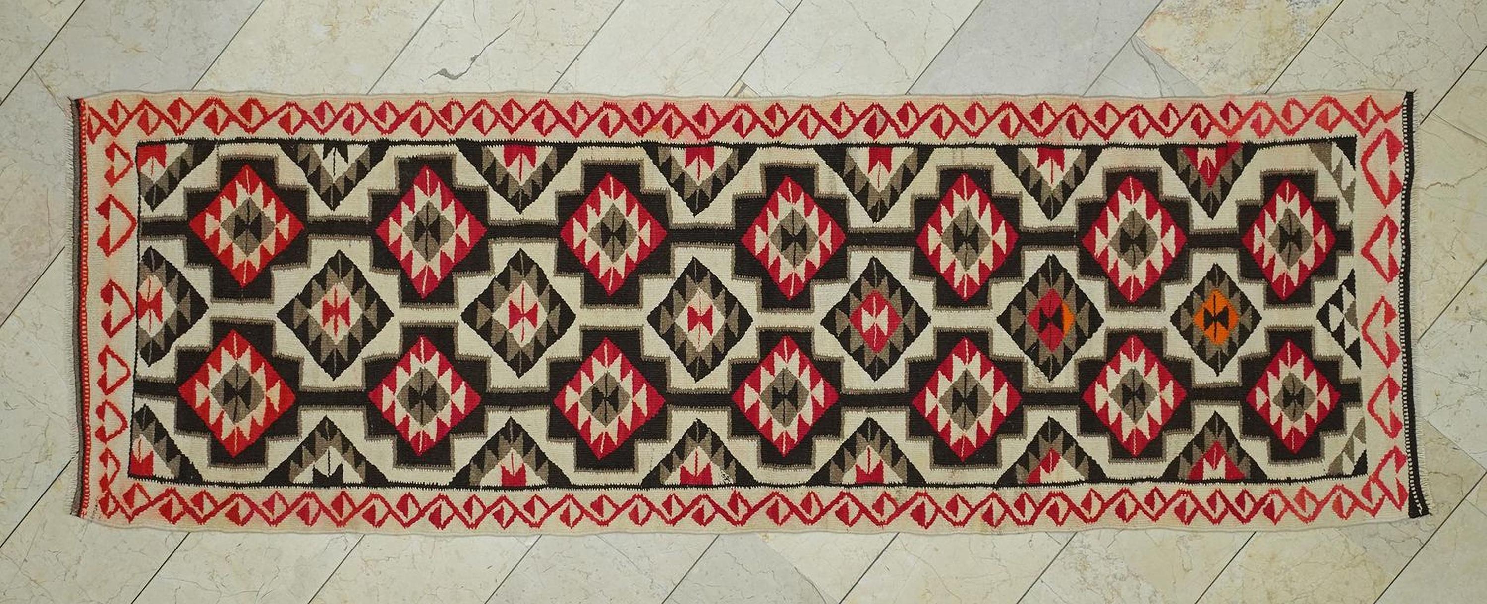 Mid Century Modern Flat Woven Turkish Kilim Rug Runner: 3.2x9.7 Ft.