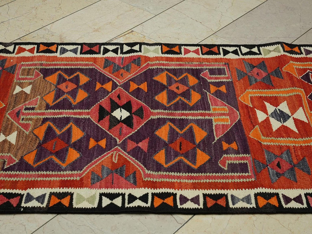 Colorful Wool Kurdish Kilim Rug Runner: 3.3x11 Ft,Home Hallways Decor Flat Woven Rugs.
