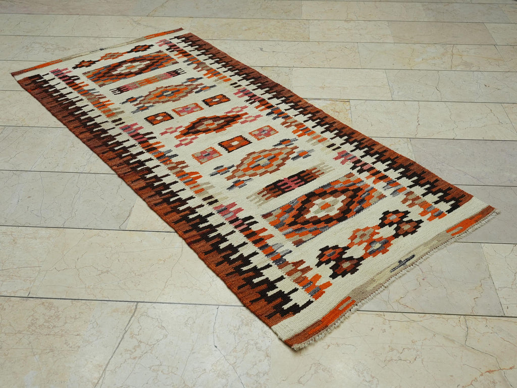Unique Turkish Wool Kilim Rug Runner: 2.8x6.5 Feet,Small Size Handmade Rugs.