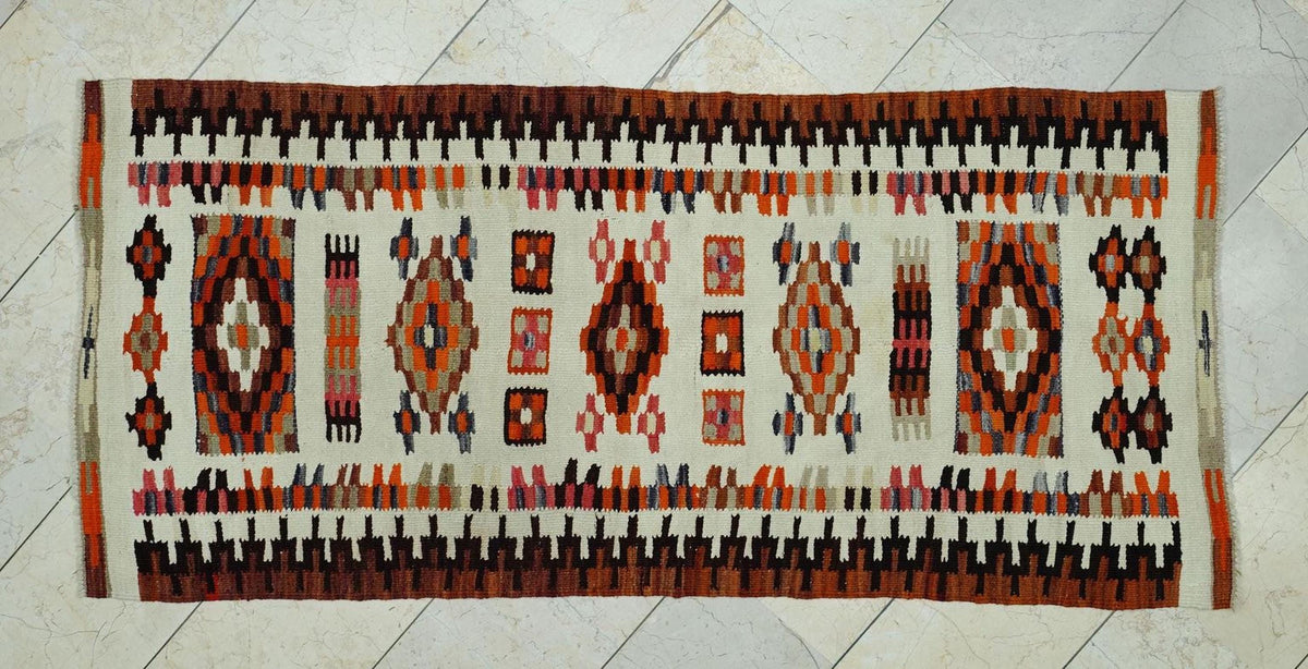 Unique Turkish Wool Kilim Rug Runner: 2.8x6.5 Feet,Small Size Handmade Rugs.