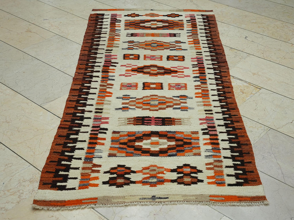 Unique Turkish Wool Kilim Rug Runner: 2.8x6.5 Feet,Small Size Handmade Rugs.