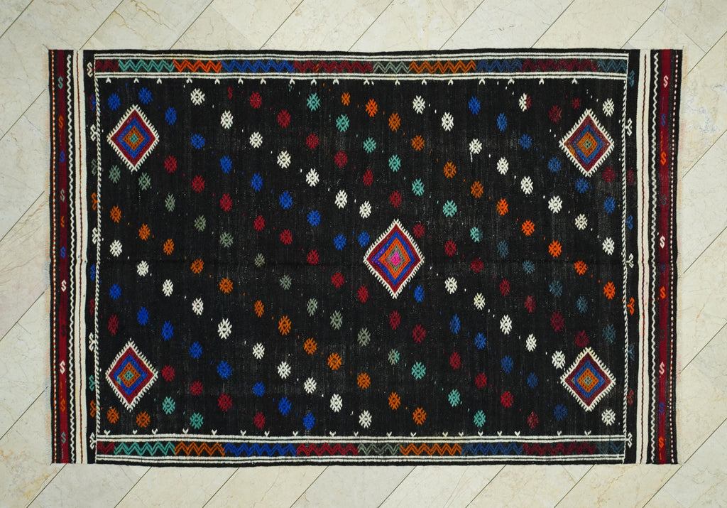 Mid Century Modern Black Goat Hair Kilim Rug: 6.3'x9.5' Turkish Flat Weave Rugs