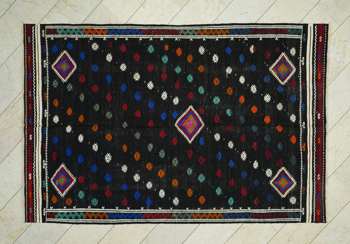 Mid Century Modern Black Goat Hair Kilim Rug: 6.3'x9.5' Turkish Flat Weave Rugs