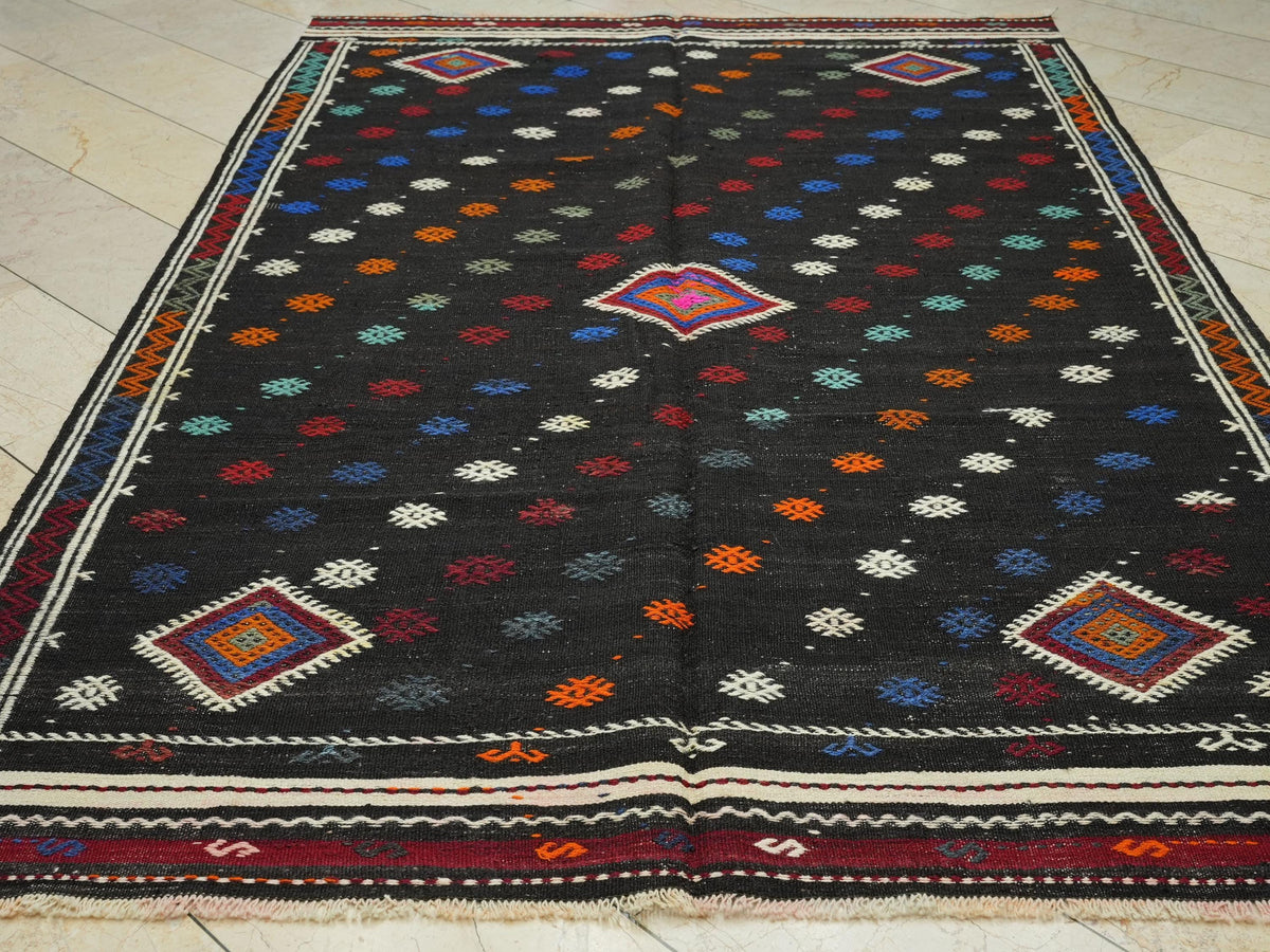 Mid Century Modern Black Goat Hair Kilim Rug: 6.3'x9.5' Turkish Flat Weave Rugs
