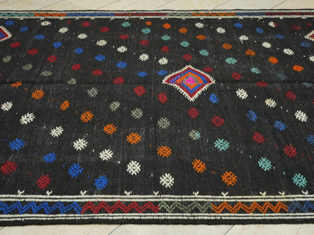 Mid Century Modern Black Goat Hair Kilim Rug: 6.3'x9.5' Turkish Flat Weave Rugs