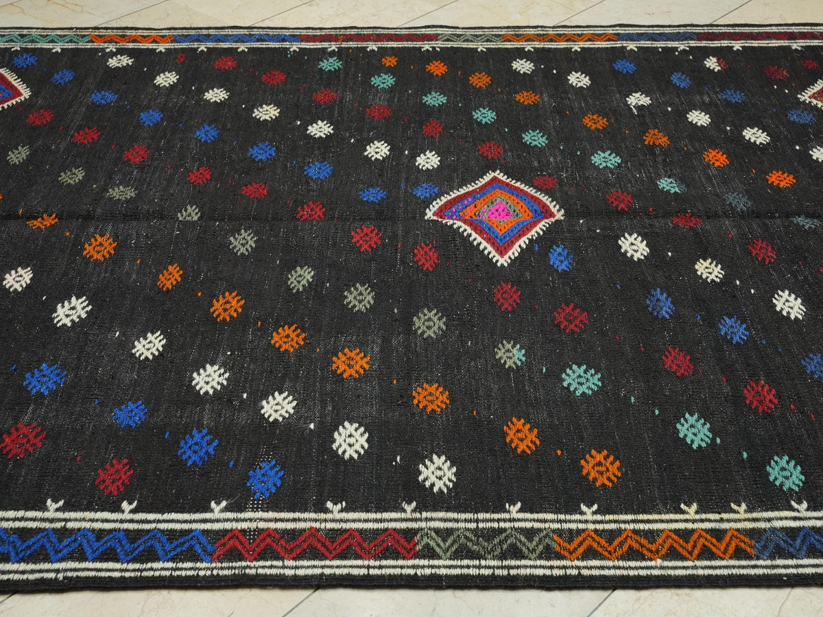 Mid Century Modern Black Goat Hair Kilim Rug: 6.3'x9.5' Turkish Flat Weave Rugs