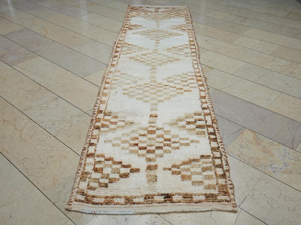 Brown & White Handmade Wool Rug Runner: Mid-Century Modern Turkish Rugs, 2.9x11.2 ft.