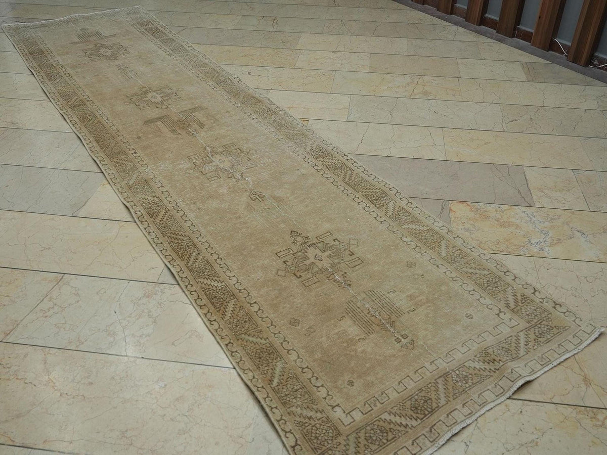 Vintage Style Rug Runner: Handmade Wool Turkish Carpet Rugs, 3.1x12.3 ft