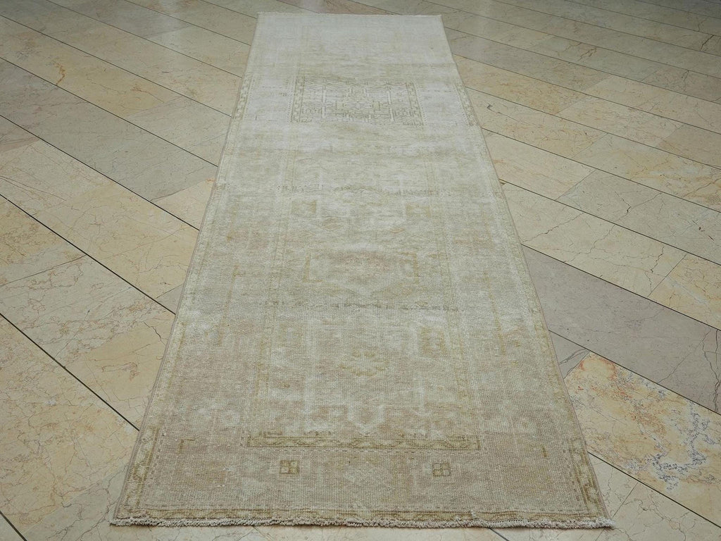 Vintage Style Rug Runner: Beige Brown Turkish Wool Rugs (3.1x10.5 ft)