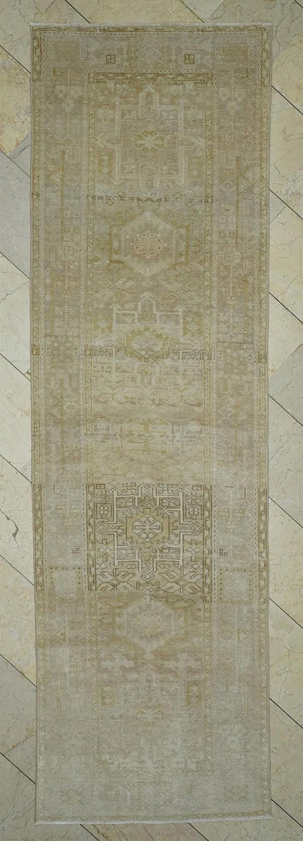 Vintage Style Rug Runner: Beige Brown Turkish Wool Rugs (3.1x10.5 ft)