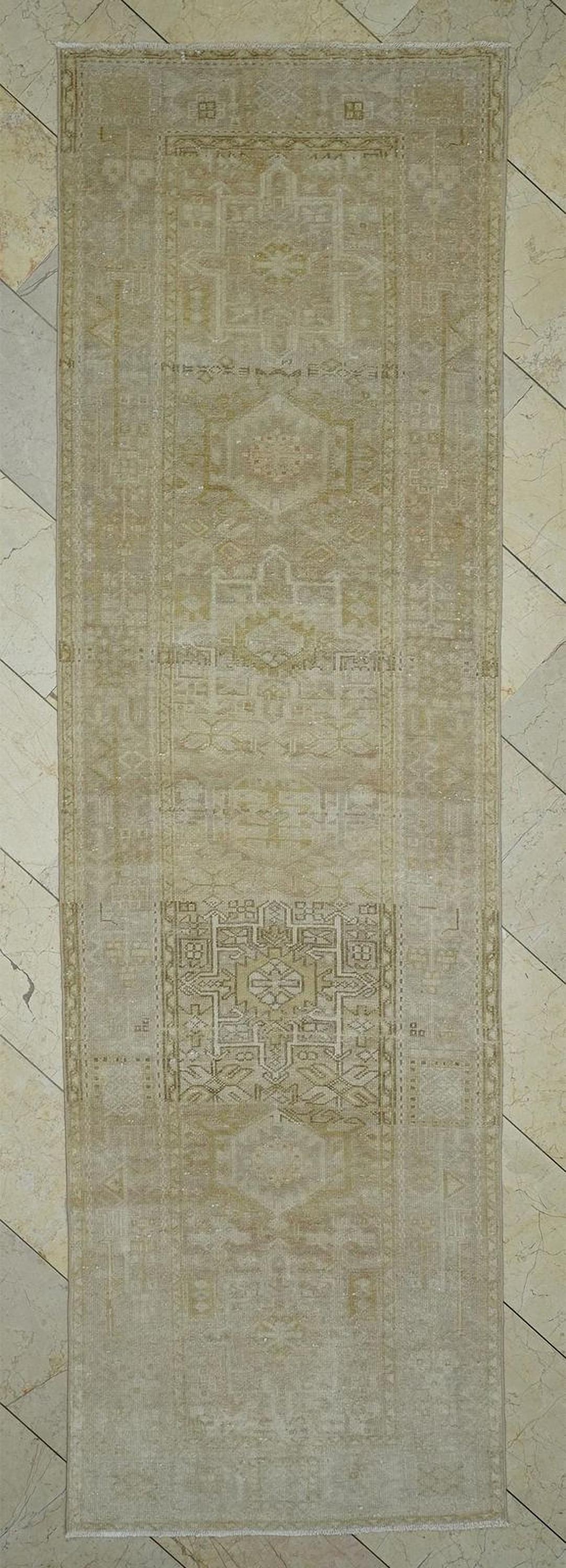 Vintage Style Rug Runner: Beige Brown Turkish Wool Rugs (3.1x10.5 ft)