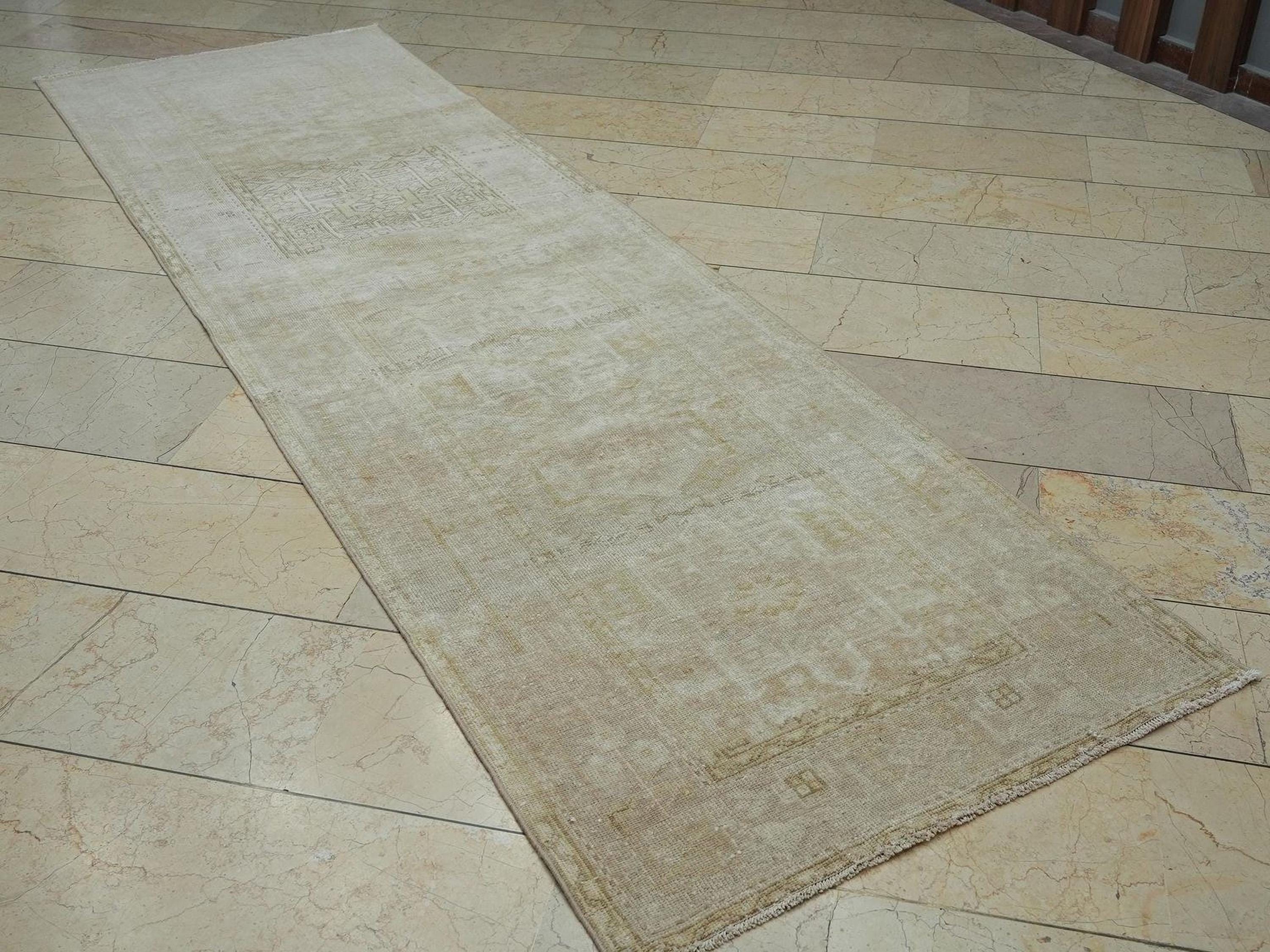 Vintage Style Rug Runner: Beige Brown Turkish Wool Rugs (3.1x10.5 ft)
