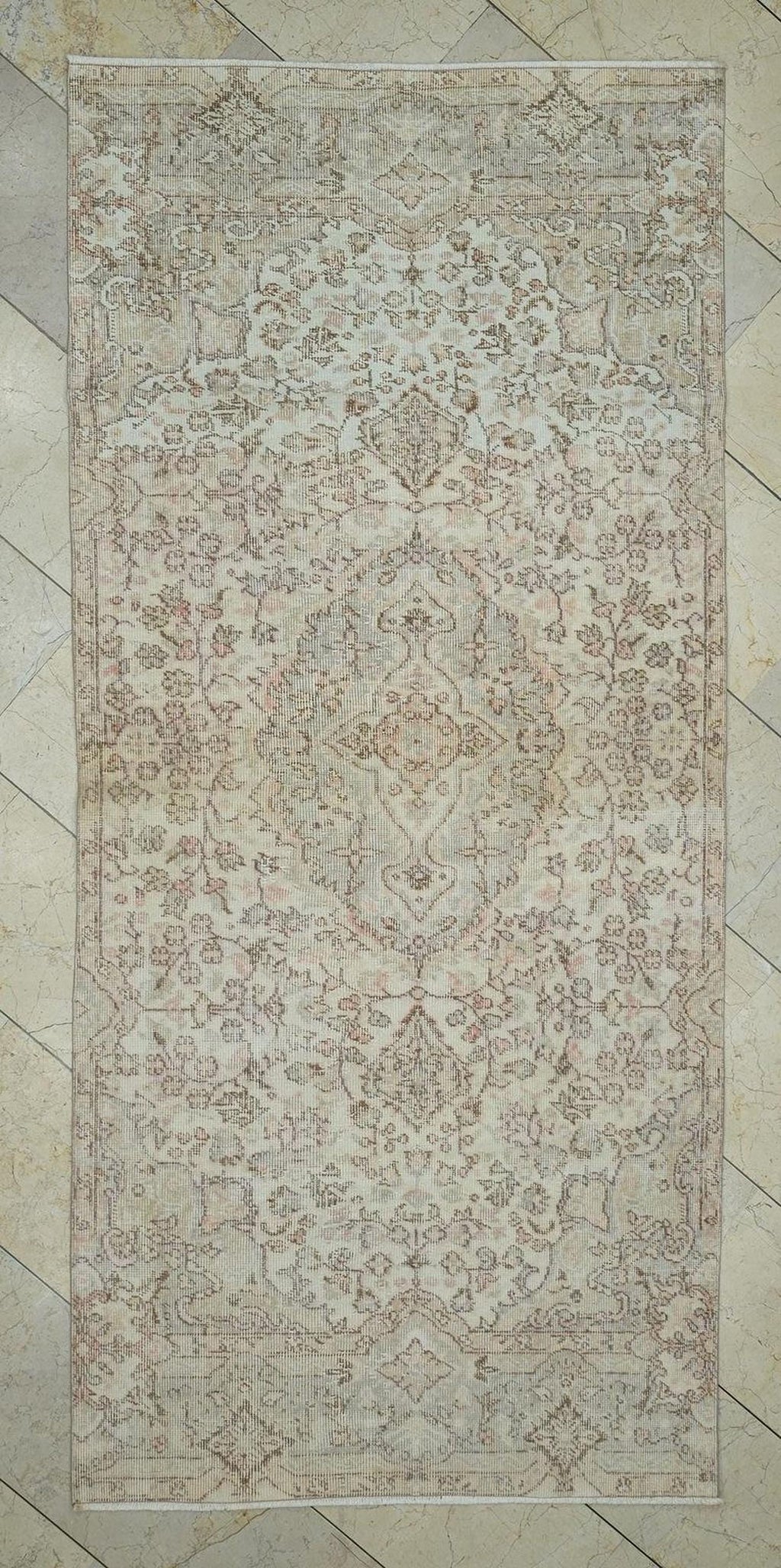 Vintage Handmade Oushak Rug Runner: 3,6x8 Feet,Beige Gray Wool Turkish Rugs.