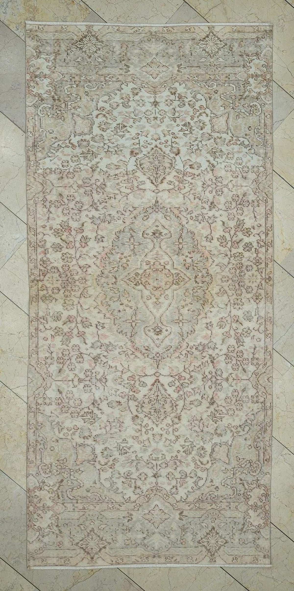 Vintage Handmade Oushak Rug Runner: 3,6x8 Feet,Beige Gray Wool Turkish Rugs.