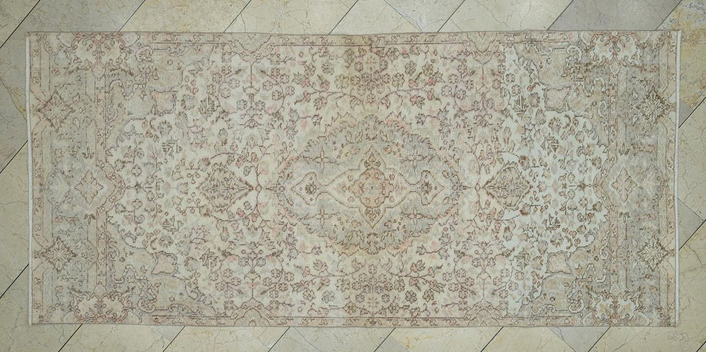 Vintage Handmade Oushak Rug Runner: 3,6x8 Feet,Beige Gray Wool Turkish Rugs.