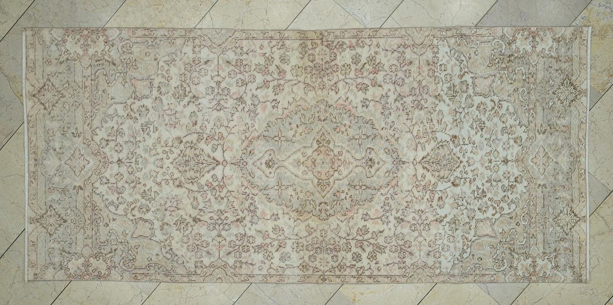 Vintage Handmade Oushak Rug Runner: 3,6x8 Feet,Beige Gray Wool Turkish Rugs.