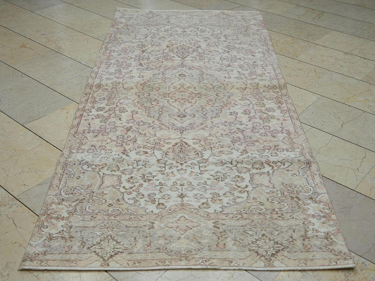 Vintage Handmade Oushak Rug Runner: 3,6x8 Feet,Beige Gray Wool Turkish Rugs.