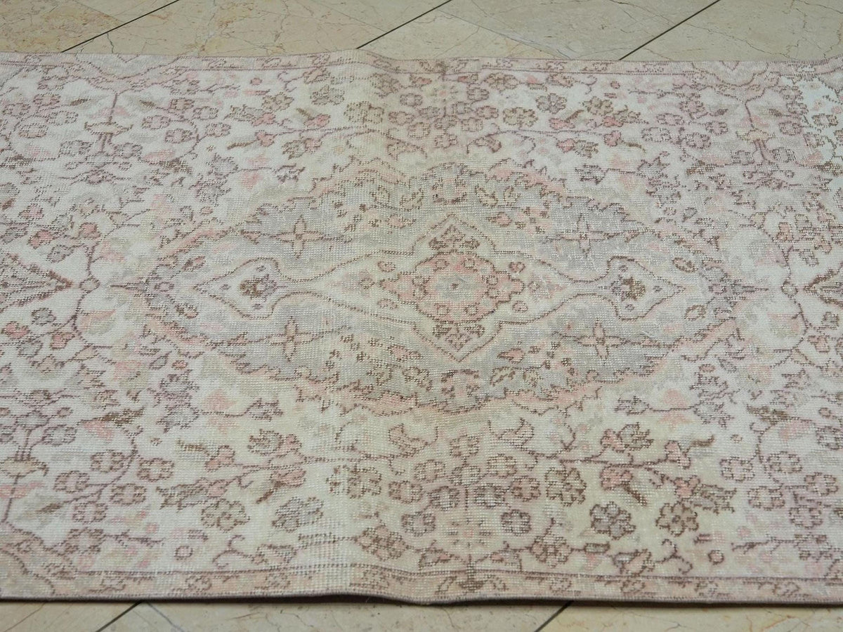 Vintage Handmade Oushak Rug Runner: 3,6x8 Feet,Beige Gray Wool Turkish Rugs.