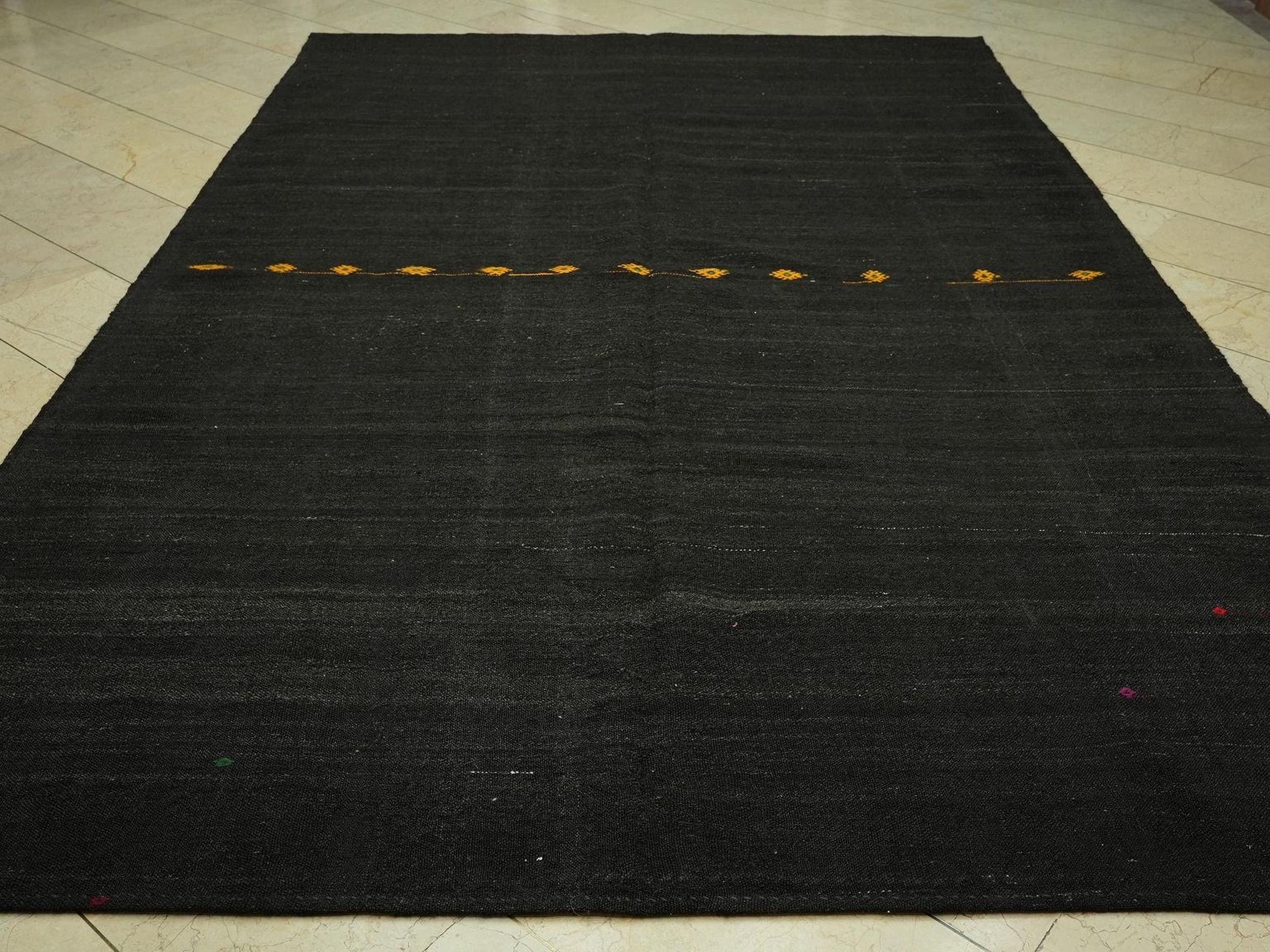 Natural Plain Dark Brown Goat Hair Kilim Rug: 7.2x11.3 Feet,Large Turkish Flat-Weave Rugs.