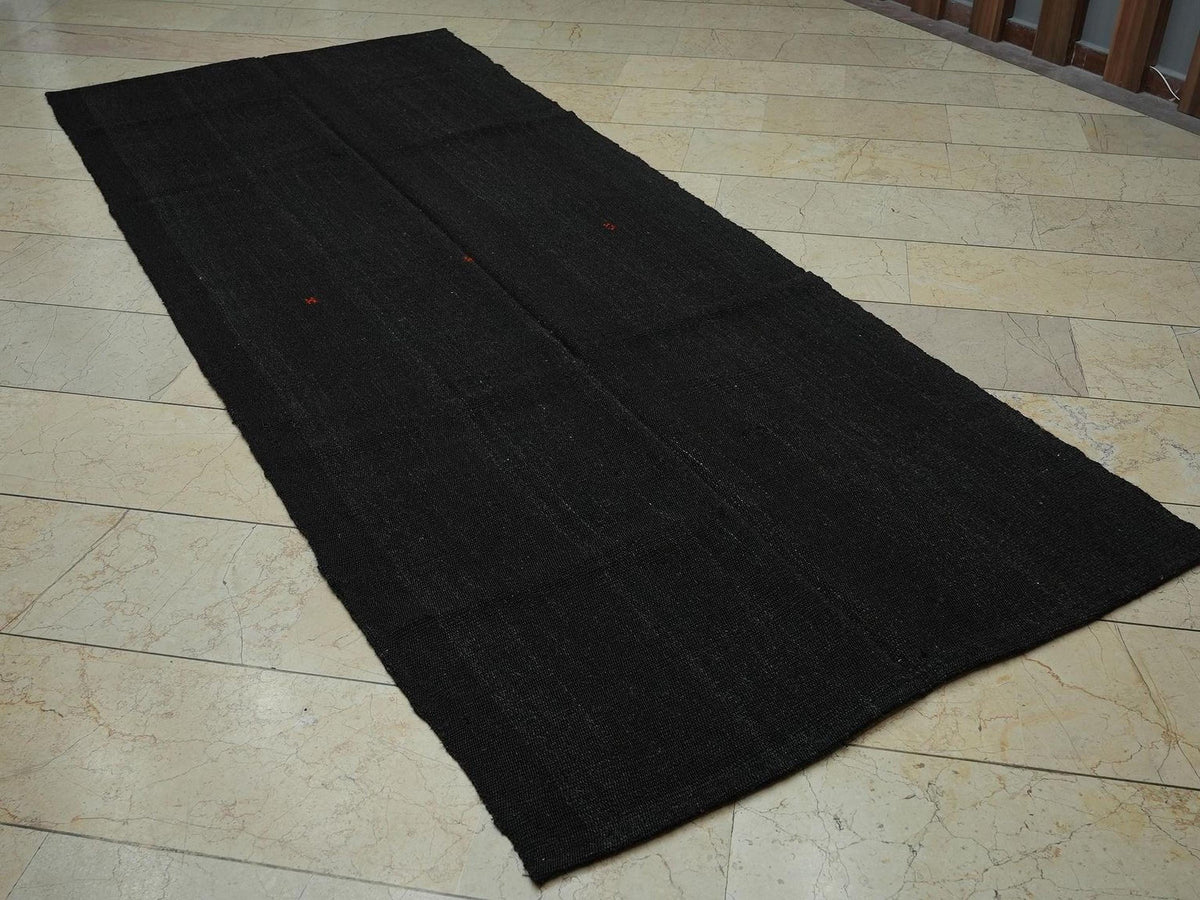 Vintage Striped Goat Hair Kilim Rug: Dark Brown Flat Woven Rugs 4.2x10 ft
