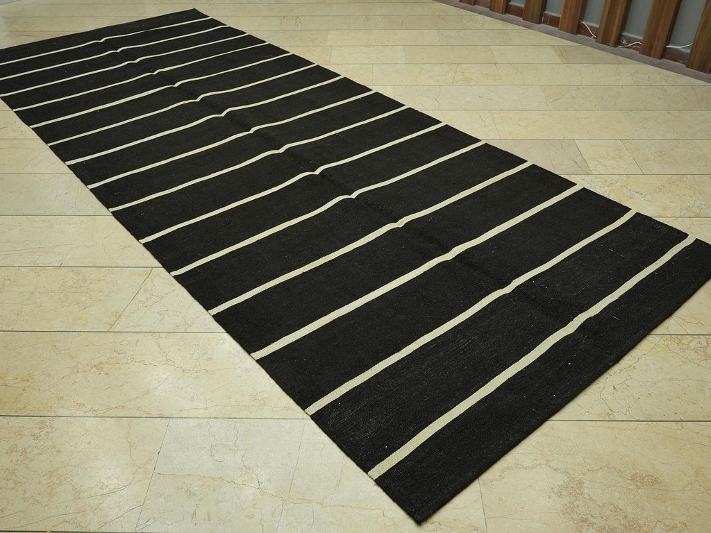 Vintage Flat Weave Natural Goat Hair Kilim Rug,4.9x12.3 Feet,Long Black & White Rugs.