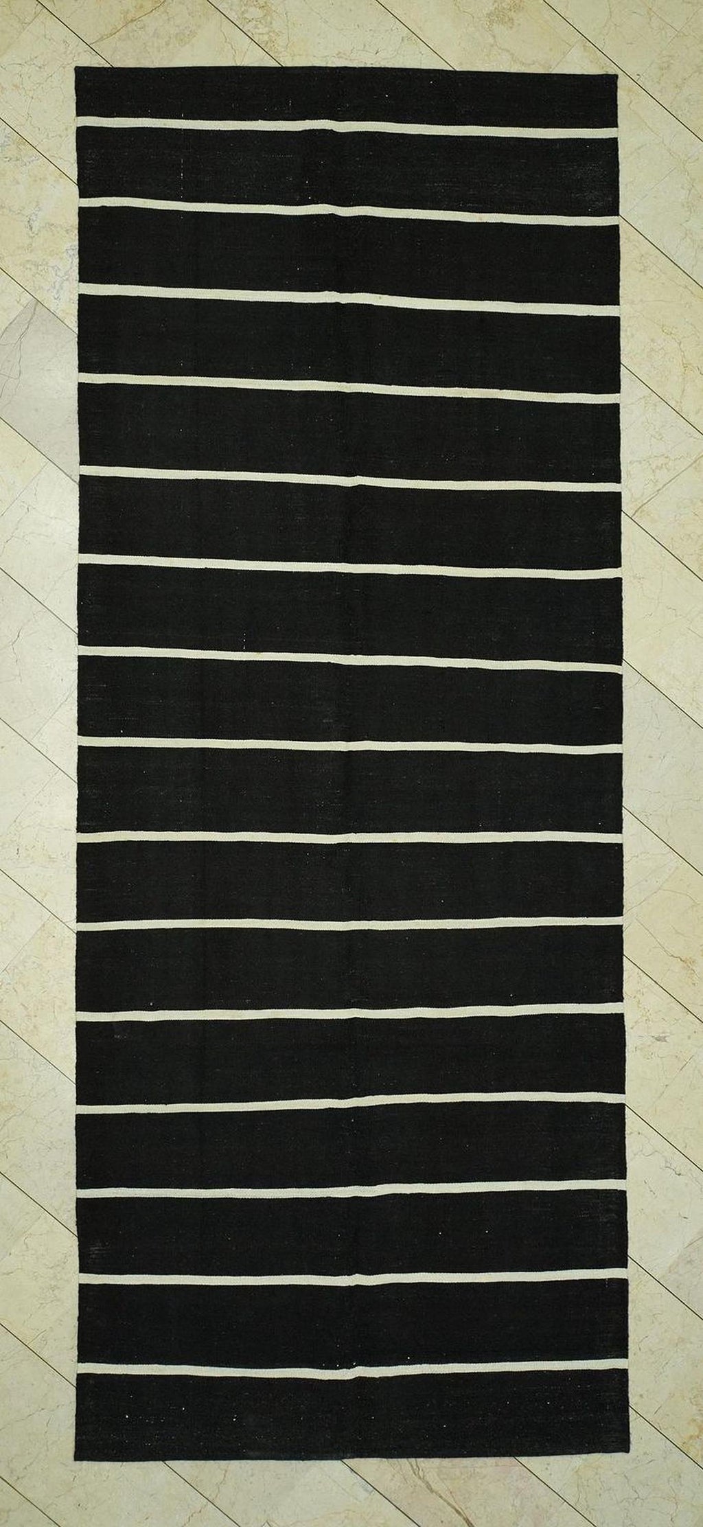 Vintage Flat Weave Natural Goat Hair Kilim Rug,4.9x12.3 Feet,Long Black & White Rugs.