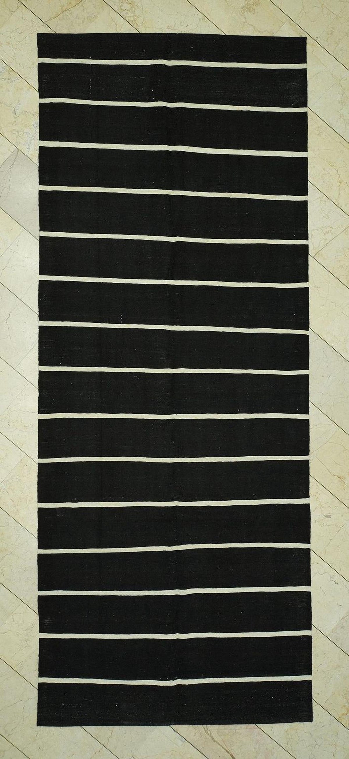 Vintage Flat Weave Natural Goat Hair Kilim Rug,4.9x12.3 Feet,Long Black & White Rugs.