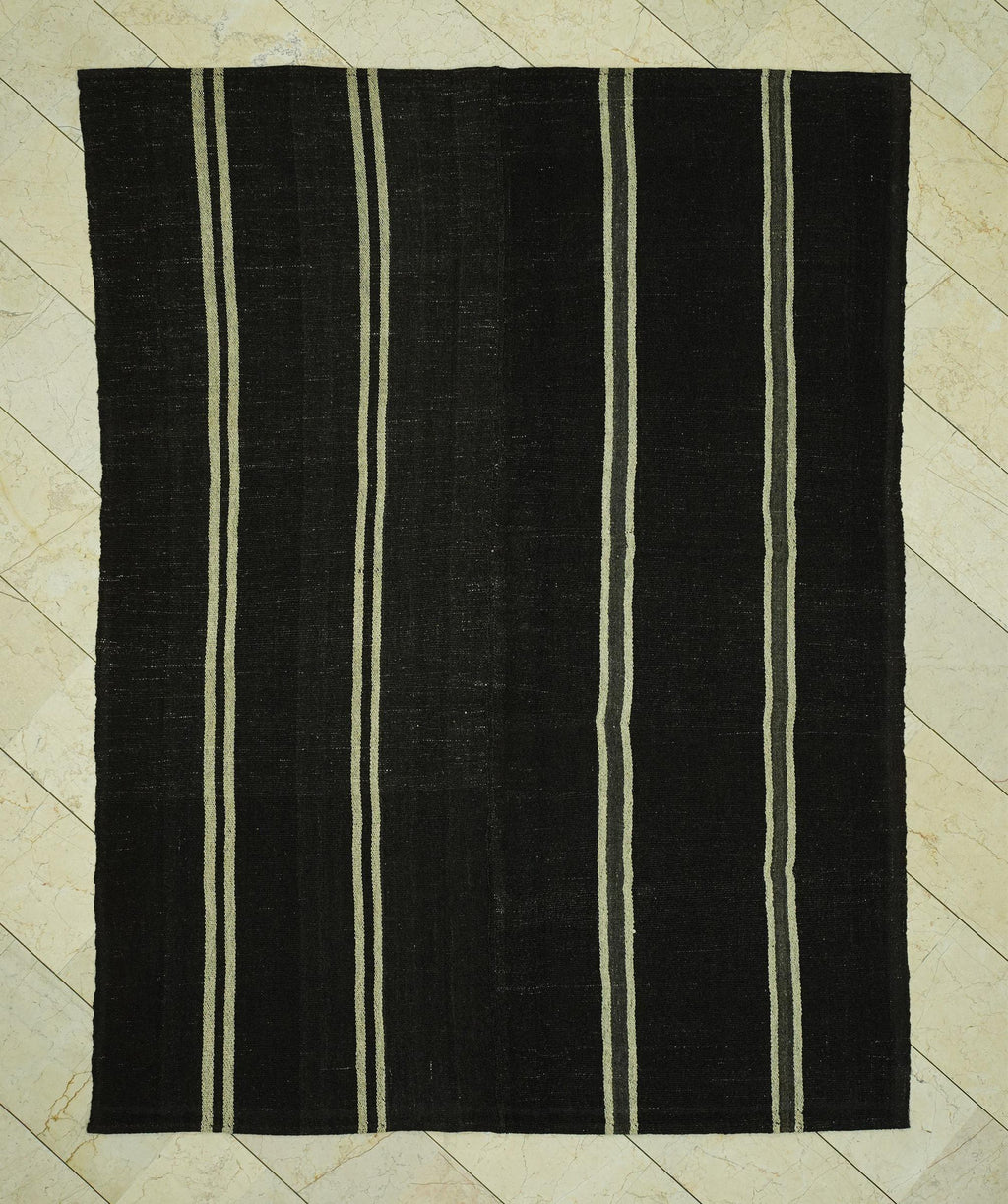 Vintage Striped Natural Goat Hair Kilim Rug: 6.5x8.6 Feet,Dark Brown Turkish Rugs.
