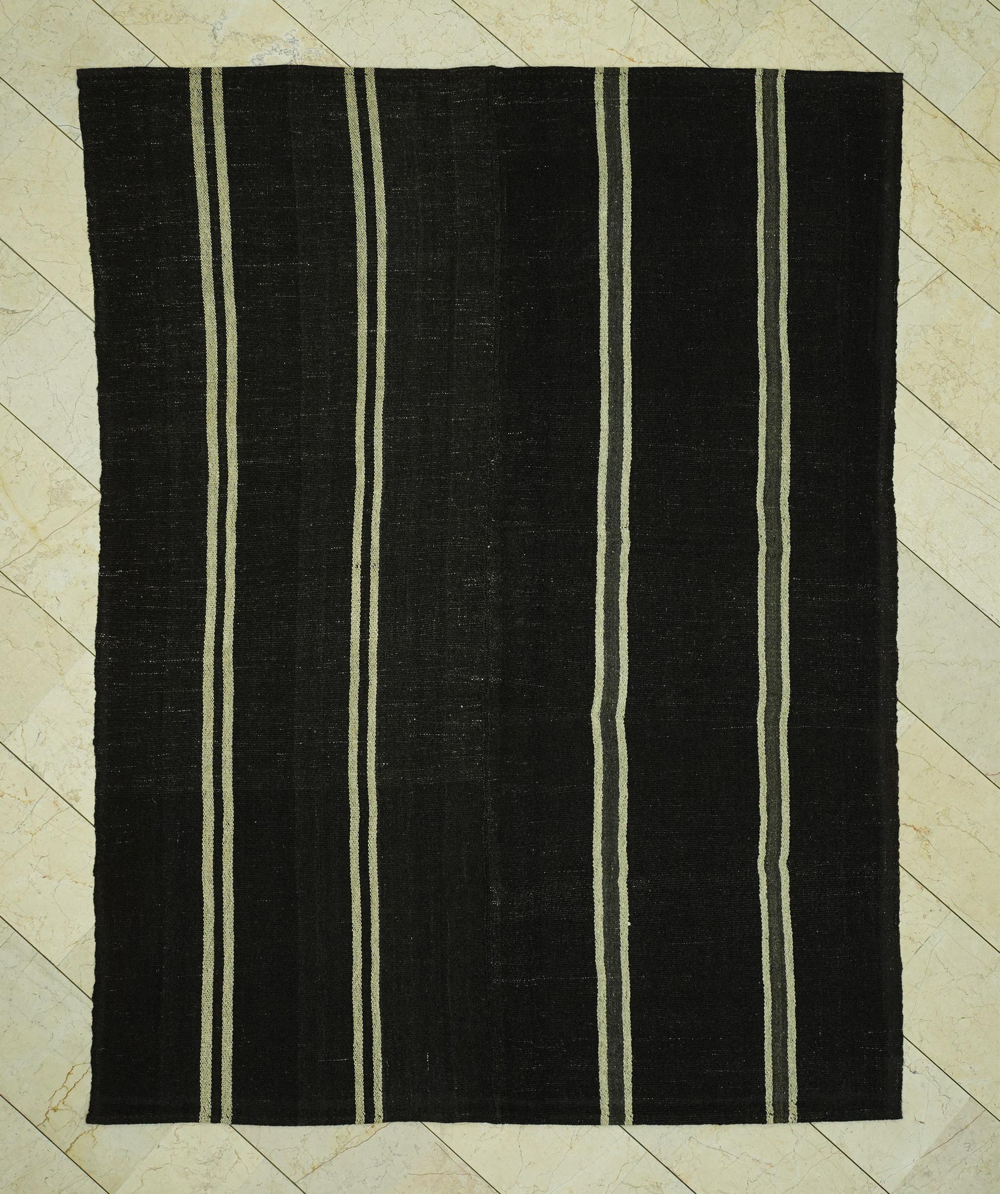Vintage Striped Natural Goat Hair Kilim Rug: 6.5x8.6 Feet,Dark Brown Turkish Rugs.