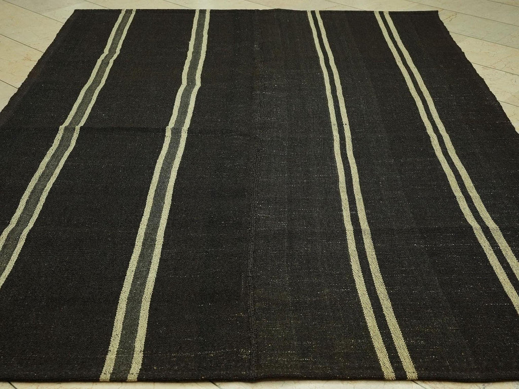 Vintage Striped Natural Goat Hair Kilim Rug: 6.5x8.6 Feet,Dark Brown Turkish Rugs.