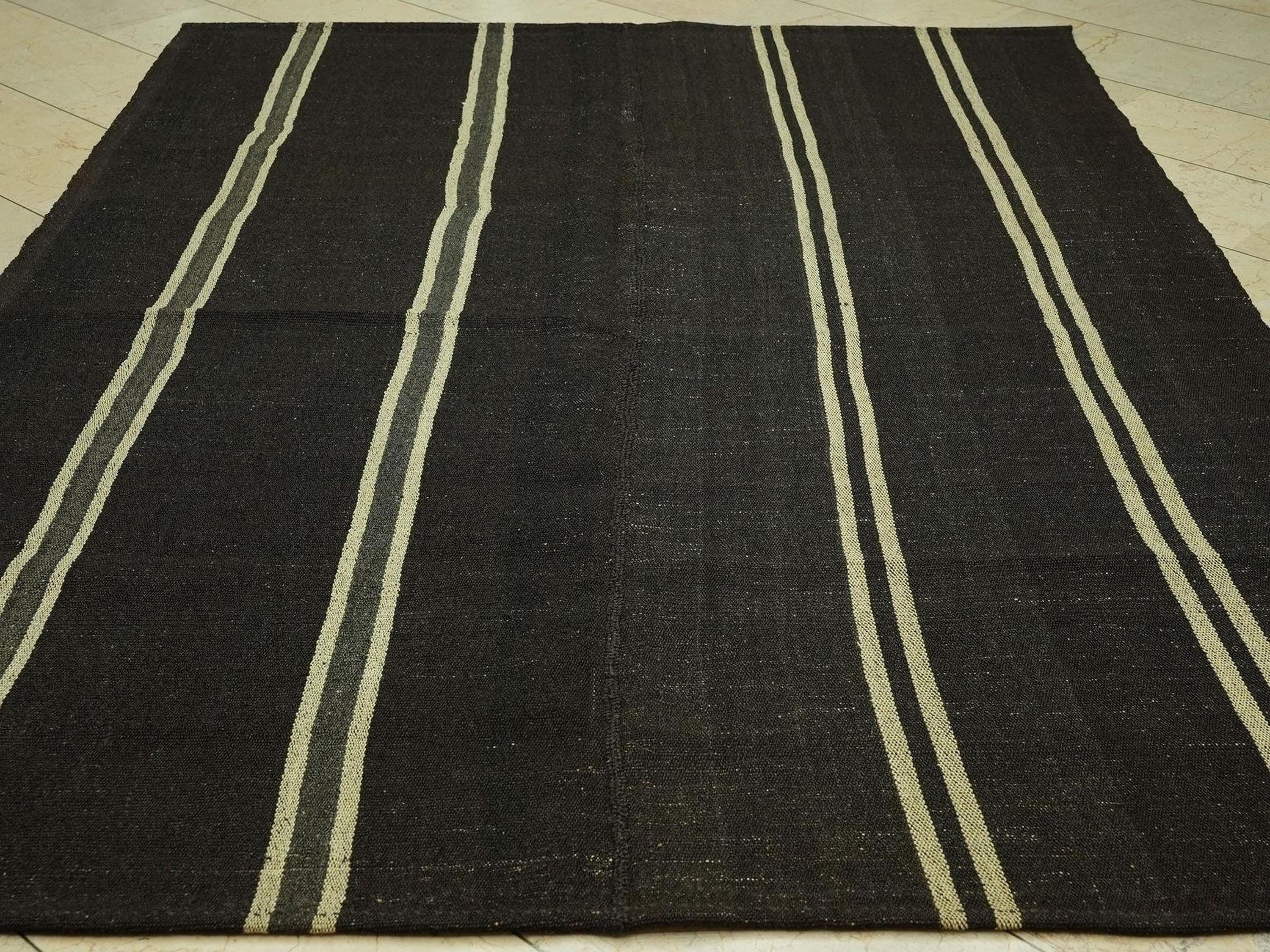Vintage Striped Natural Goat Hair Kilim Rug: 6.5x8.6 Feet,Dark Brown Turkish Rugs.