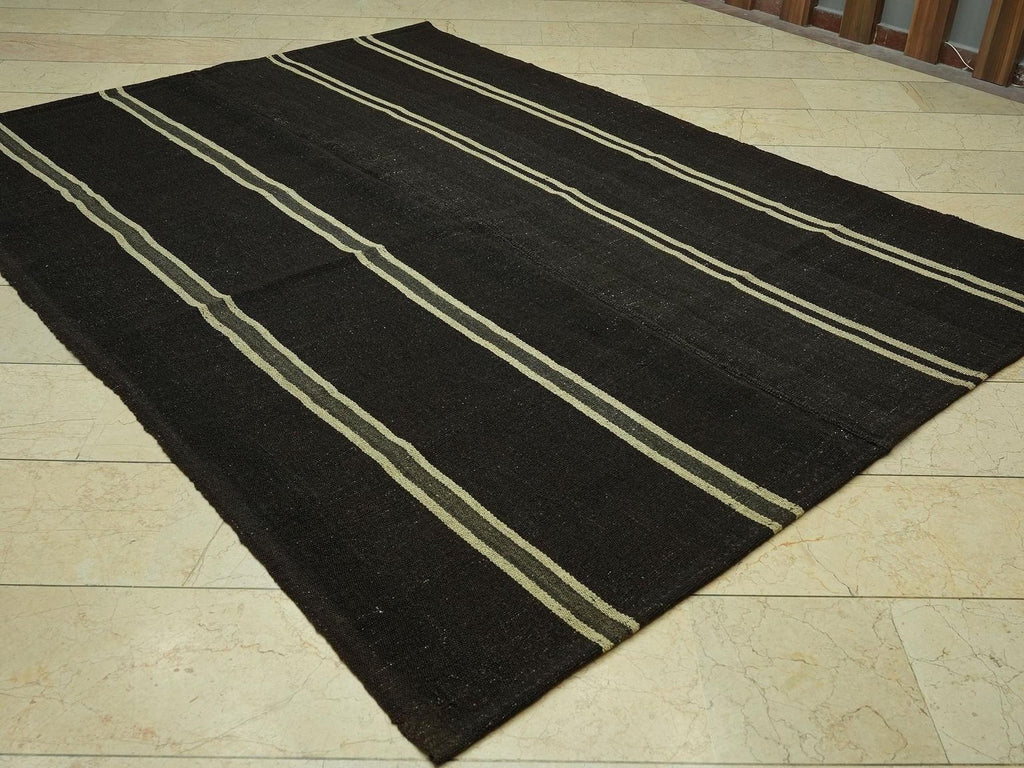 Vintage Striped Natural Goat Hair Kilim Rug: 6.5x8.6 Feet,Dark Brown Turkish Rugs.