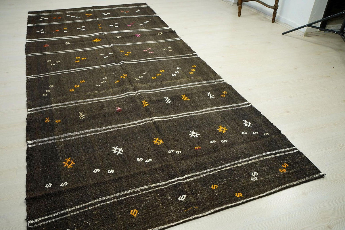 Brown Striped Kilim Rug: 4.9x11 ft, Turkish Farmhouse Decor