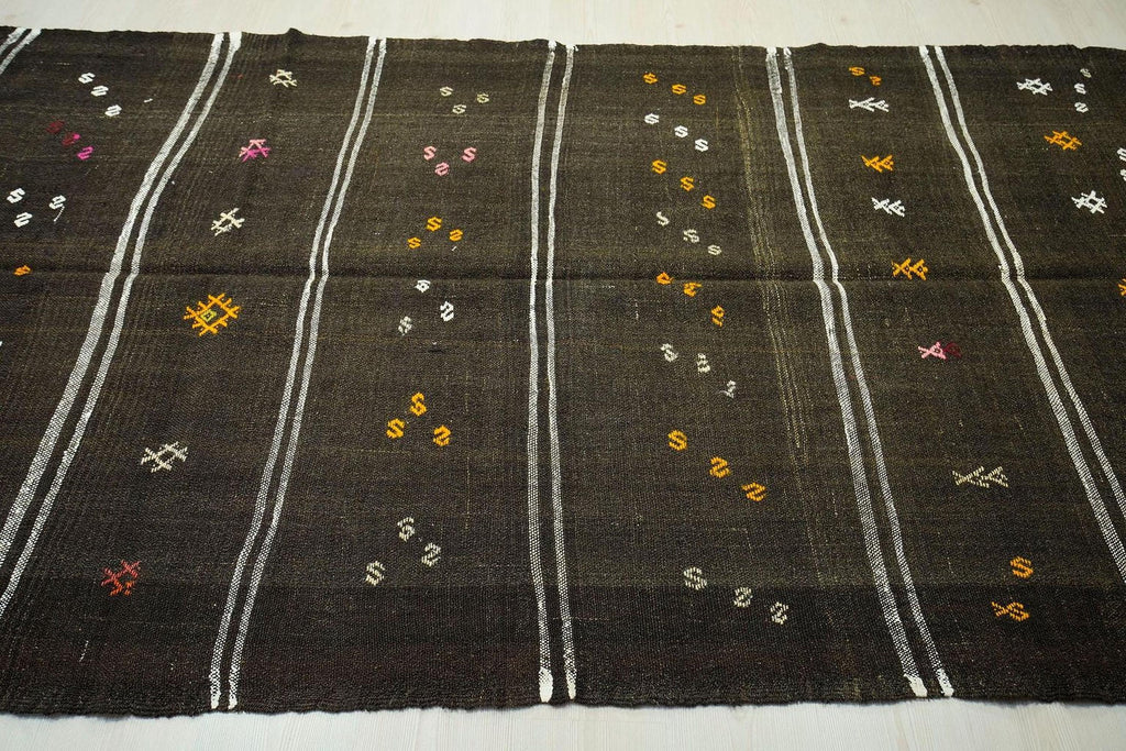 Brown Striped Kilim Rug: 4.9x11 ft, Turkish Farmhouse Decor