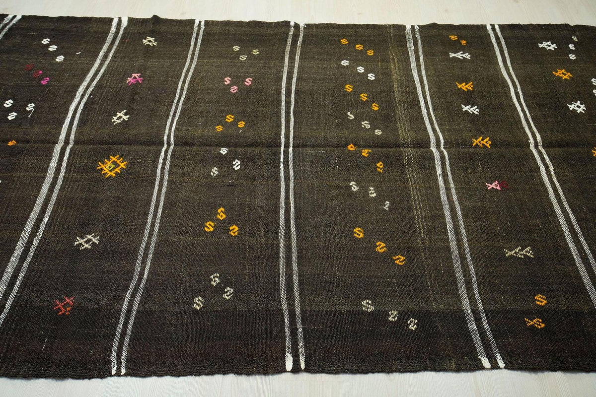 Brown Striped Kilim Rug: 4.9x11 ft, Turkish Farmhouse Decor