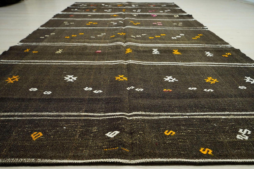 Brown Striped Kilim Rug: 4.9x11 ft, Turkish Farmhouse Decor