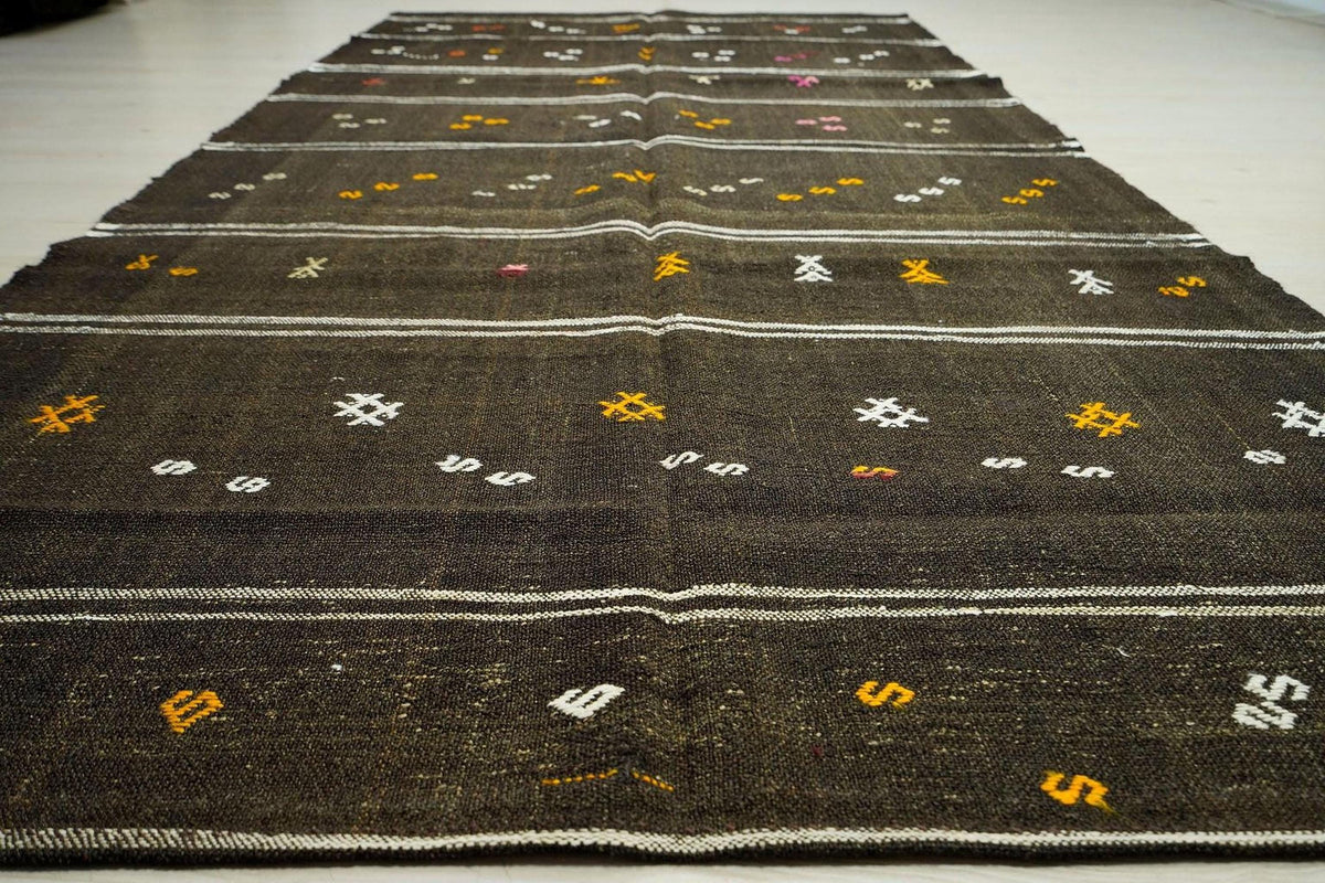 Brown Striped Kilim Rug: 4.9x11 ft, Turkish Farmhouse Decor