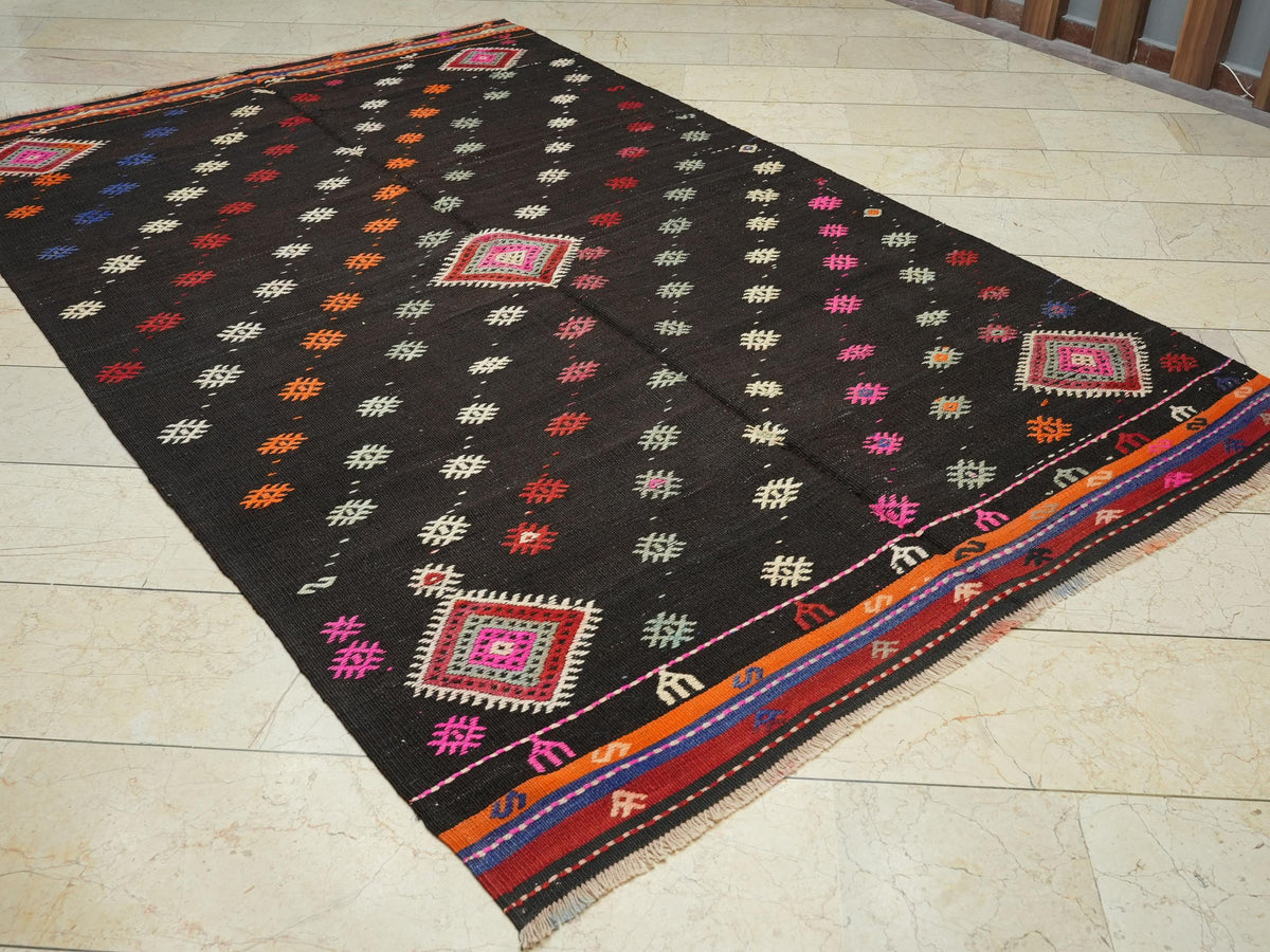 Goat Hair Kilim Rug: 6x9 Brown Turkish Rugs, Mid-Century Modern
