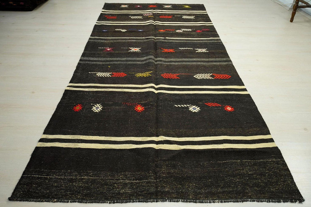 Vintage Goat Wool Kilim Rug: Striped Flat Weave, Mid-Century Modern (4.7x10.3 ft)