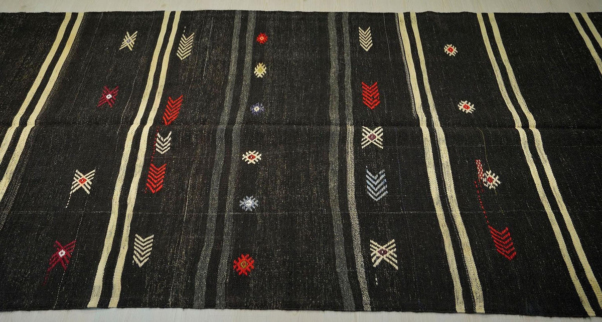 Vintage Goat Hair Kilim Rug: 5x13 Dark Brown Striped Flat Weave