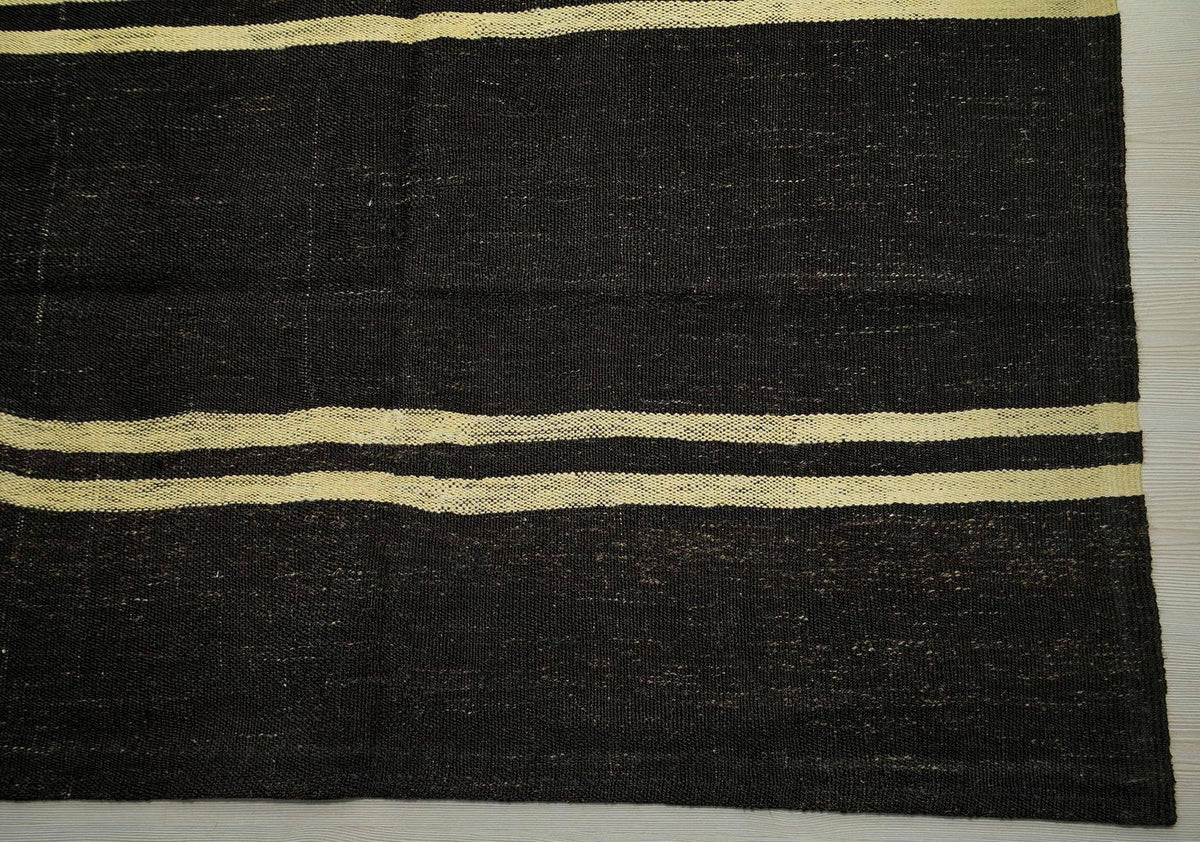 Vintage Goat Hair Kilim Rug: 5x13 Dark Brown Striped Flat Weave