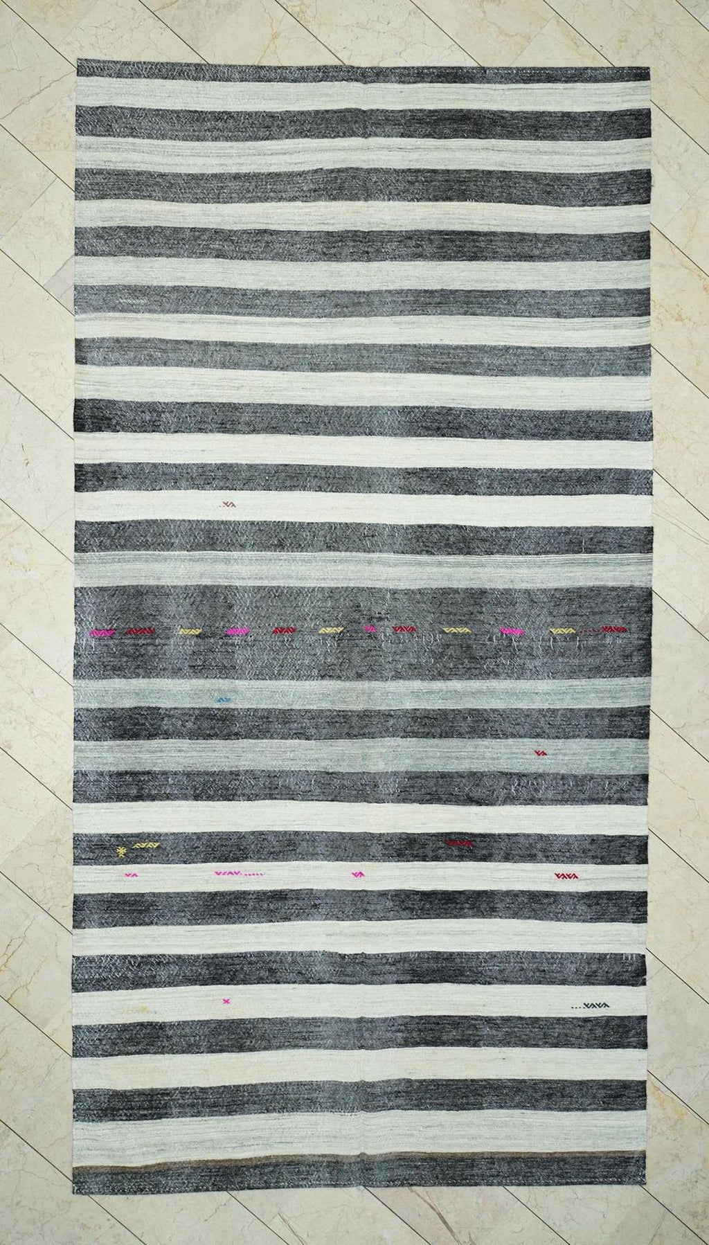 Goat Hair Kilim Rug: 6.3x12.3 ft, Stripe Flat Weave, Mid Century Modern Rugs.