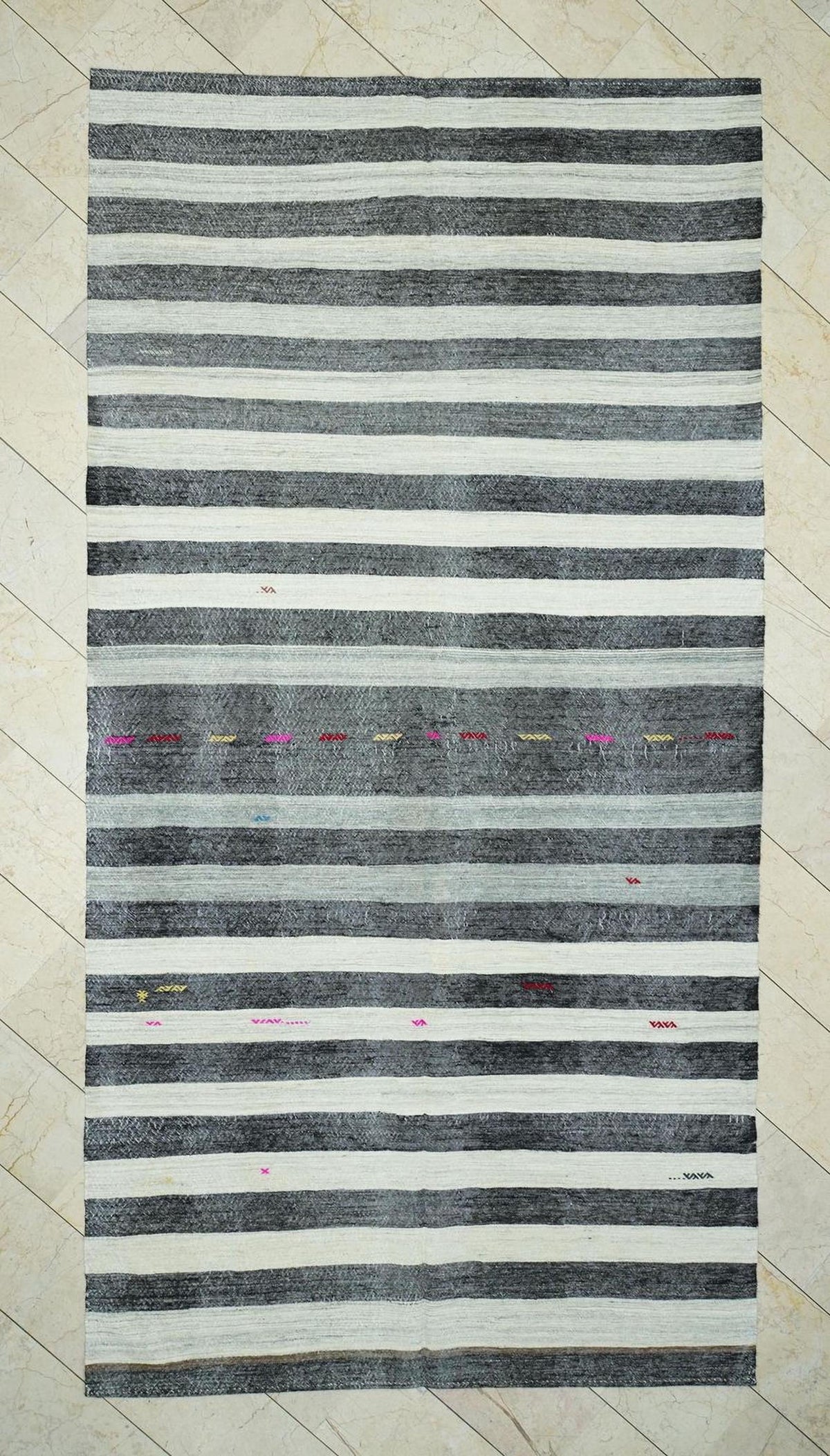 Goat Hair Kilim Rug: 6.3x12.3 ft, Stripe Flat Weave, Mid Century Modern Rugs.