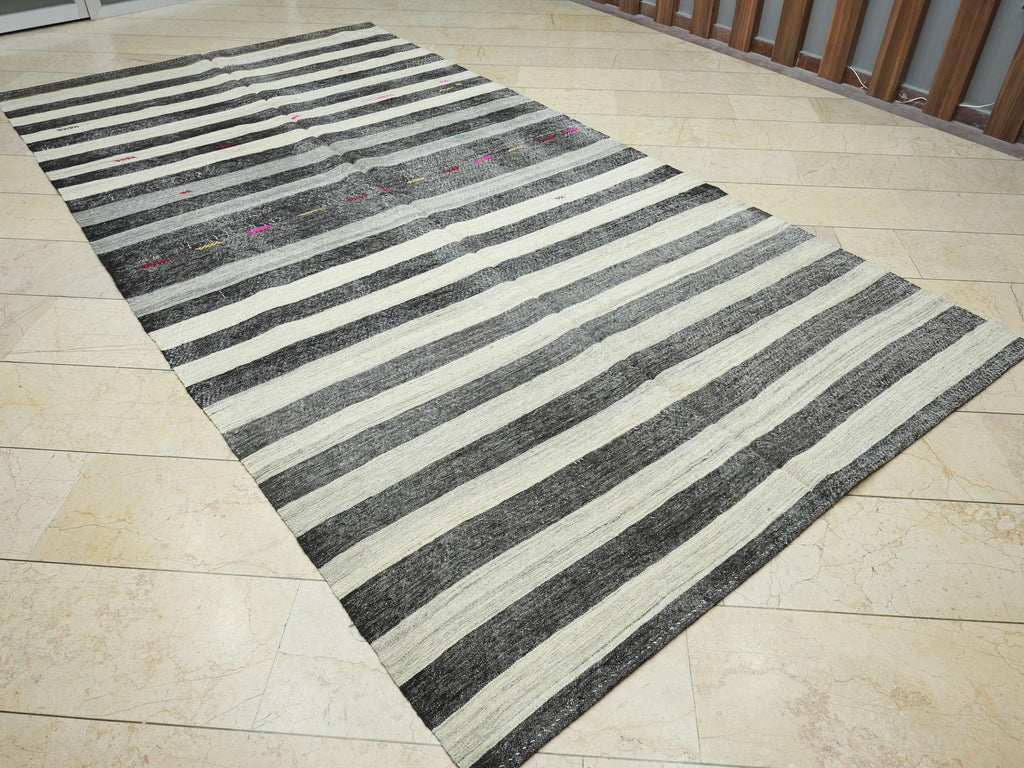 Goat Hair Kilim Rug: 6.3x12.3 ft, Stripe Flat Weave, Mid Century Modern Rugs.