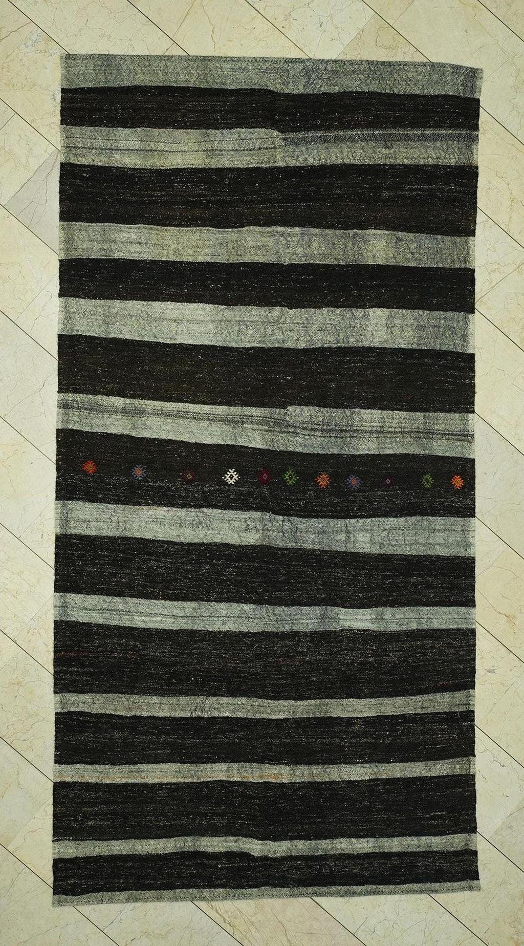 Mid Century Modern: Dark Brown & Gray Striped Natural Goat Hair Kilim Rug,5.3x10.6 Feet.