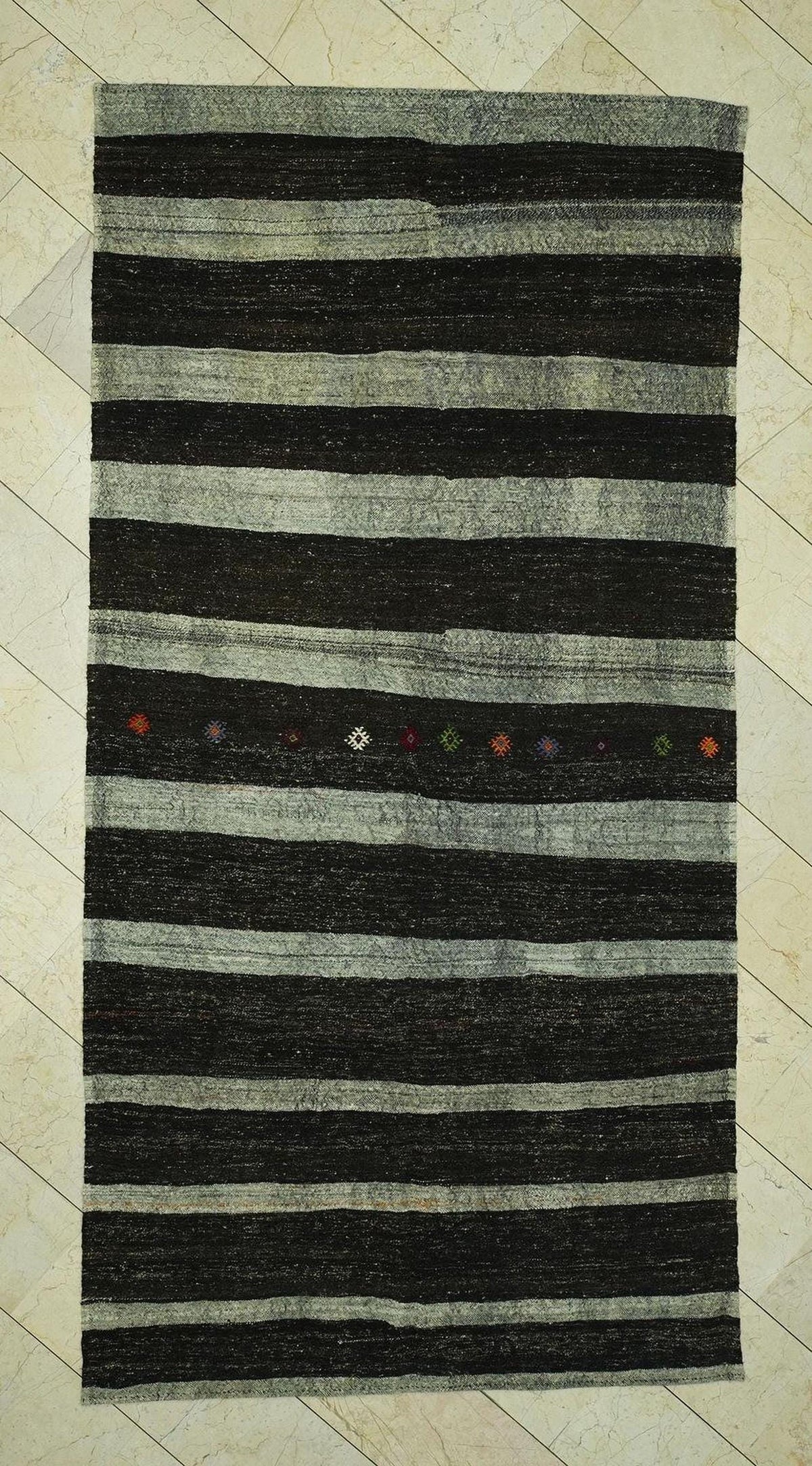 Mid Century Modern: Dark Brown & Gray Striped Natural Goat Hair Kilim Rug,5.3x10.6 Feet.