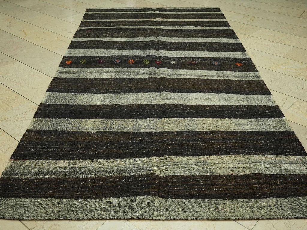 Mid Century Modern: Dark Brown & Gray Striped Natural Goat Hair Kilim Rug,5.3x10.6 Feet.