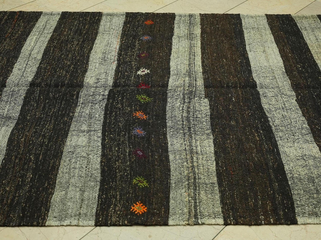 Mid Century Modern: Dark Brown & Gray Striped Natural Goat Hair Kilim Rug,5.3x10.6 Feet.