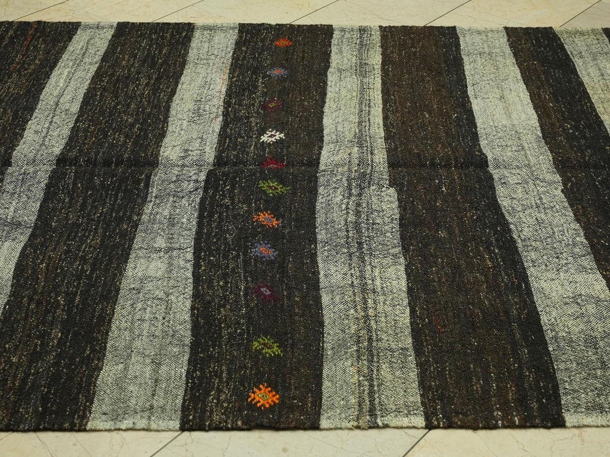 Mid Century Modern: Dark Brown & Gray Striped Natural Goat Hair Kilim Rug,5.3x10.6 Feet.